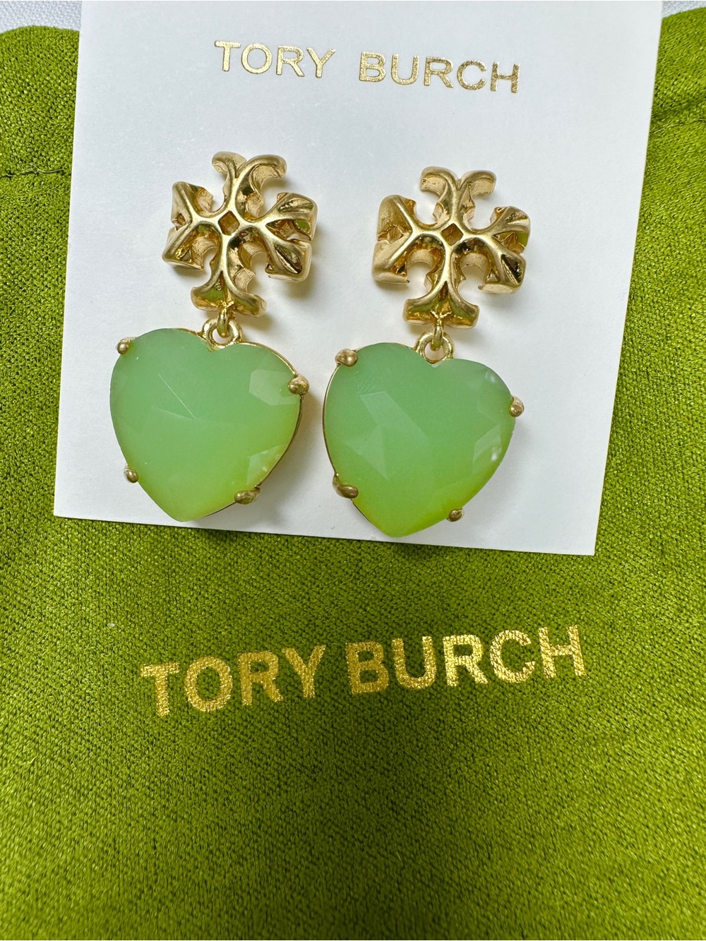 Tory Burch Gold Heart Drop Earrings with Mint Green Stones